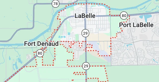 Map of LaBelle, FL in Hendry County showing the area where Sell Florida House Now buys houses for cash